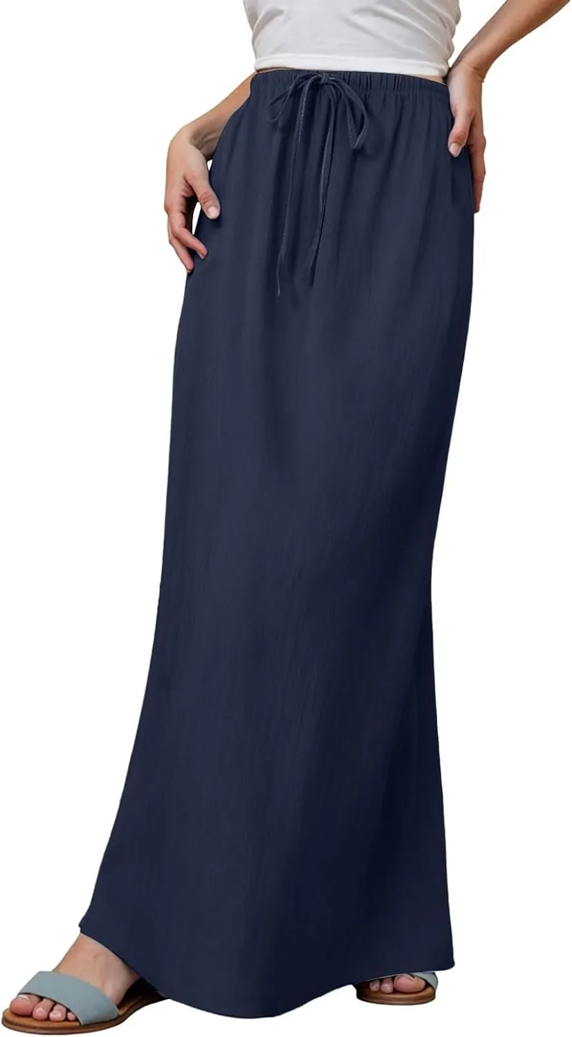 Womens Summer Drawstring Mid-Waisted A-Line Skirts Linen Maxi Skirt Flowy Casual Trendy Flowy Boho Beach Skirts