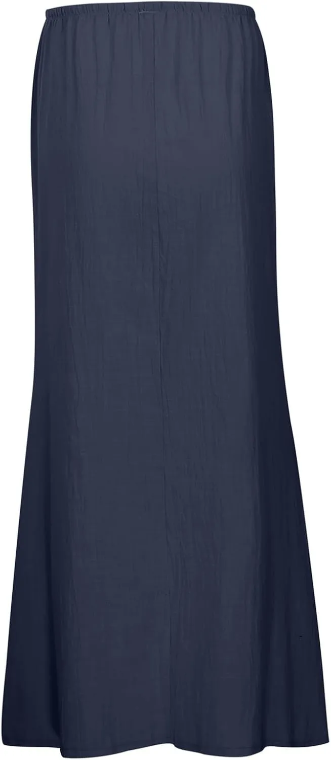 Womens Summer Drawstring Mid-Waisted A-Line Skirts Linen Maxi Skirt Flowy Casual Trendy Flowy Boho Beach Skirts