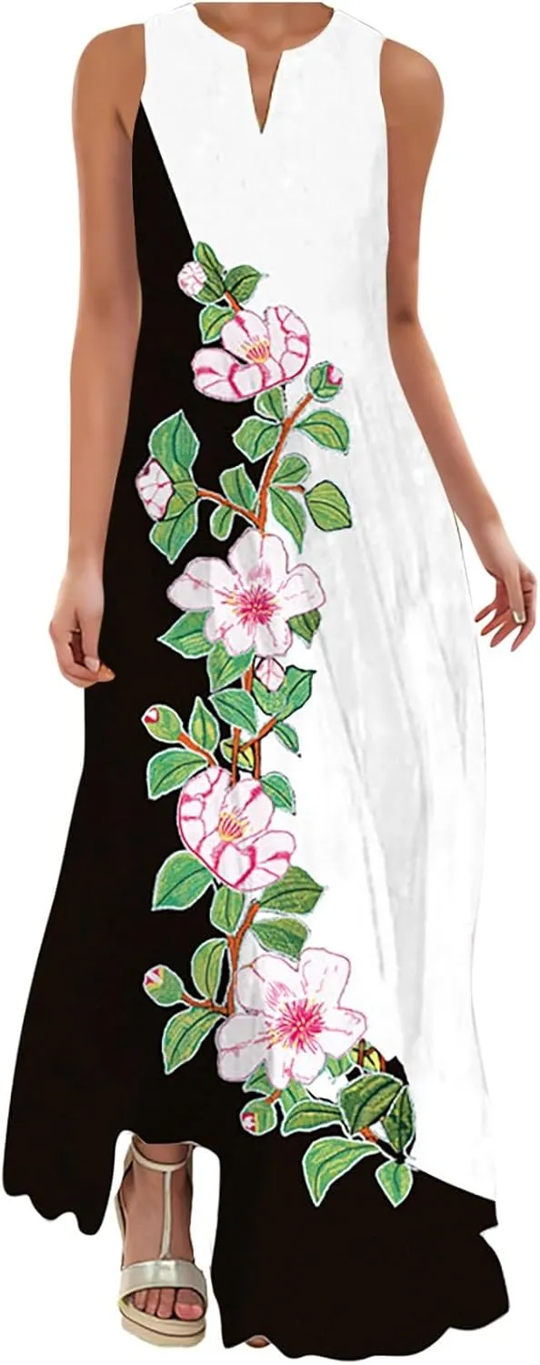 Women's Summer Elegant Long Dress Fashion Floral Print Irregular Hem Maxi Dress Casual V Neck Sleeveless Loose Dress