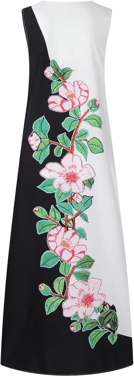 Women's Summer Elegant Long Dress Fashion Floral Print Irregular Hem Maxi Dress Casual V Neck Sleeveless Loose Dress