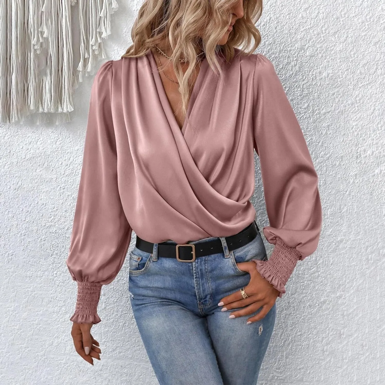 Womens Summer Tops 2024 Elegant Wrap Blouse V Neck Long Sleeve Dressy Casual Ruched Top…