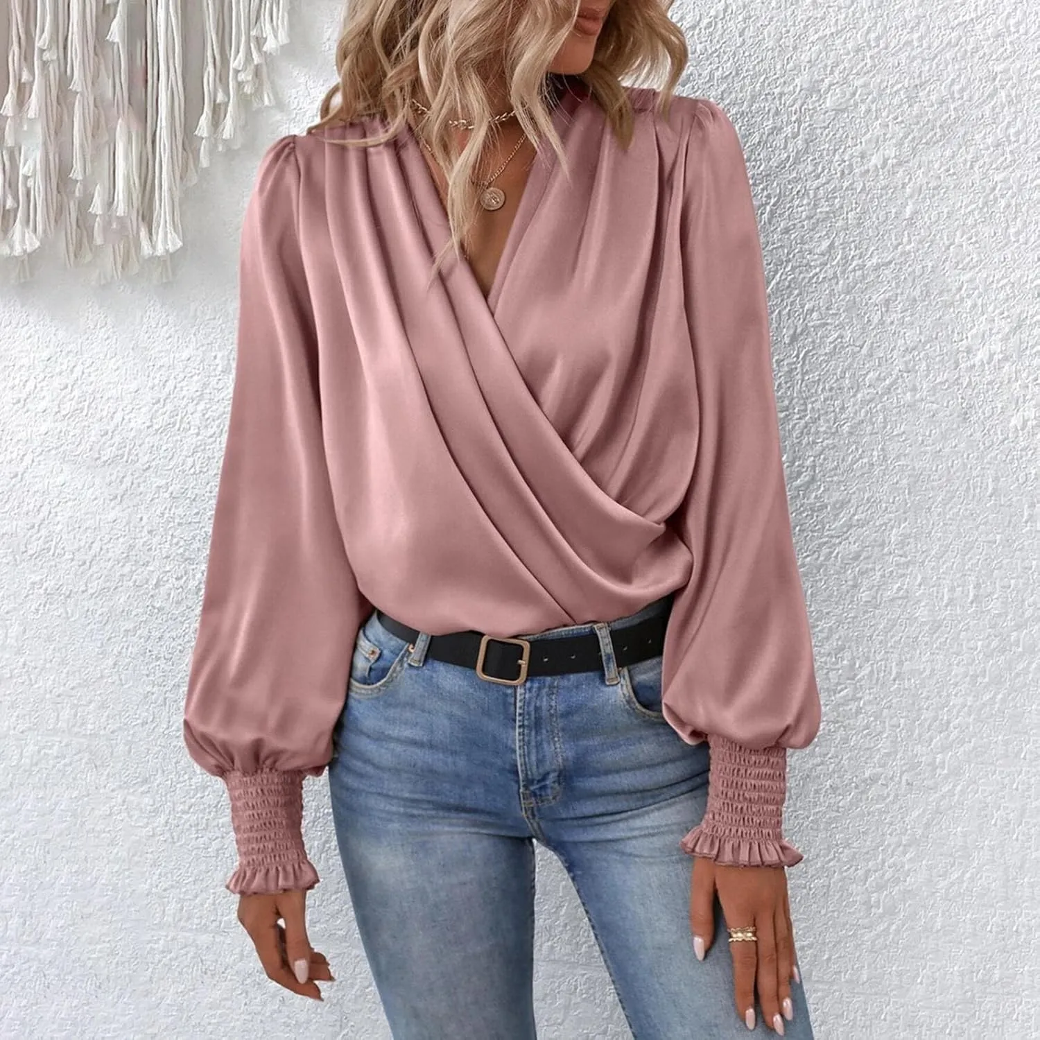 Womens Summer Tops 2024 Elegant Wrap Blouse V Neck Long Sleeve Dressy Casual Ruched Top…