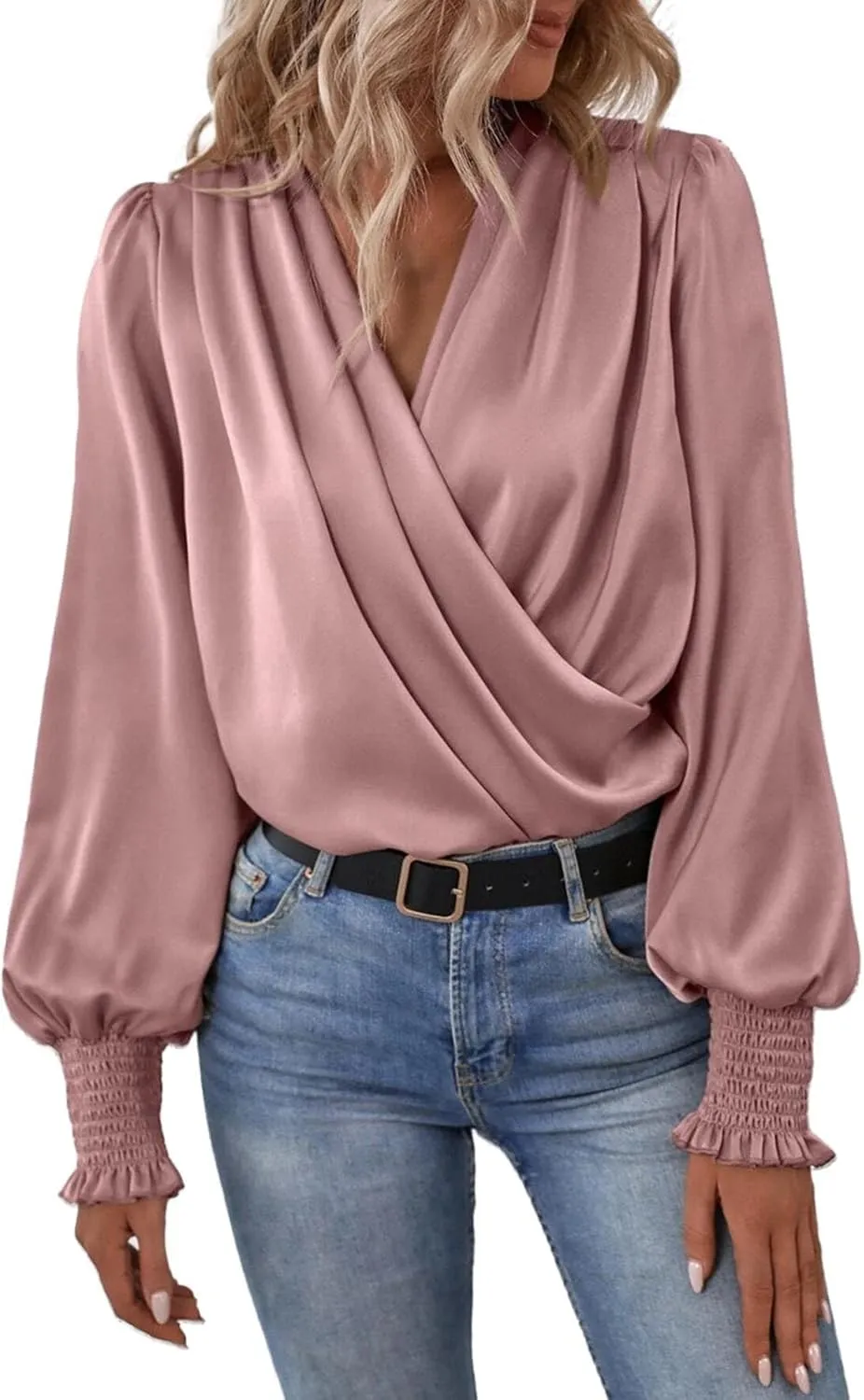 Womens Summer Tops 2024 Elegant Wrap Blouse V Neck Long Sleeve Dressy Casual Ruched Top…