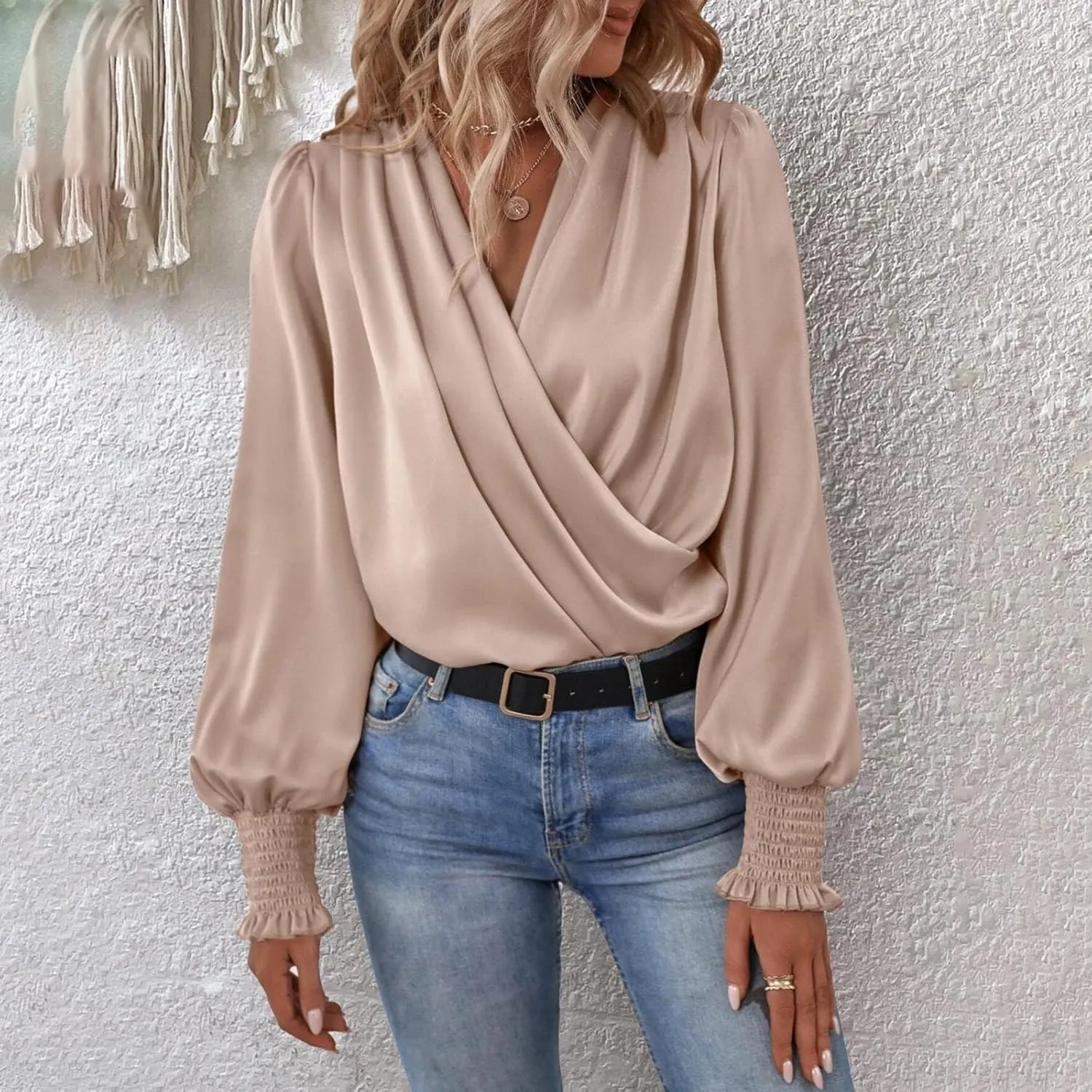 Womens Summer Tops 2024 Elegant Wrap Blouse V Neck Long Sleeve Dressy Casual Ruched Top…